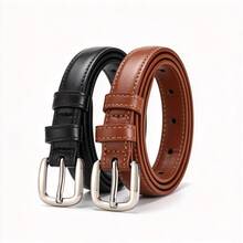 1pc/2pcs Women's Silver Buckle Solid Color Minimalist Casual Versatile Decorative Belt, Suitable For Daily Commute Wear - Multi-color Silver Buckle - View 3
