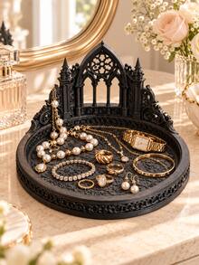 1pc Round Black Jewelry Storage Tray With Decorative Stand, Necklace Bracelet Ring Earring Organizer, Decorative Vanity Tabletop Display Rack, Suitable For Daily Jewelry Collection, Wedding, Bridesmaid Gift, Room Decor, Jewelry Storage, Home Decor - Multicolor - View 1