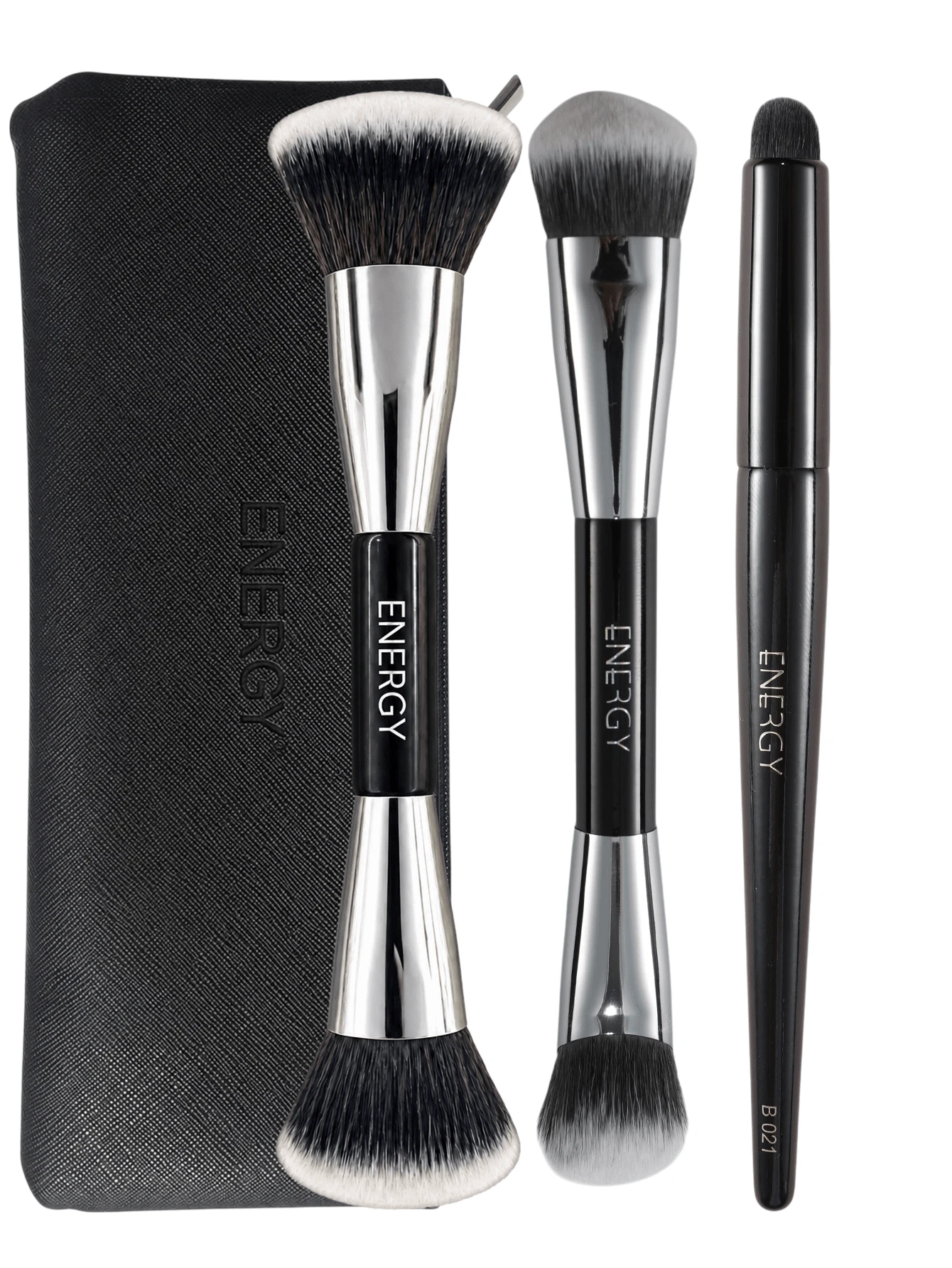 ENERGY 3Pcs Professional Makeup Brush Set With Travel Storage Bag, Double Ended Foundation Powder Blush Contour Face Brushes With Detail Concealer Brush, Soft Bristle Portable Cosmetic Makeup Tools - Black - View 1