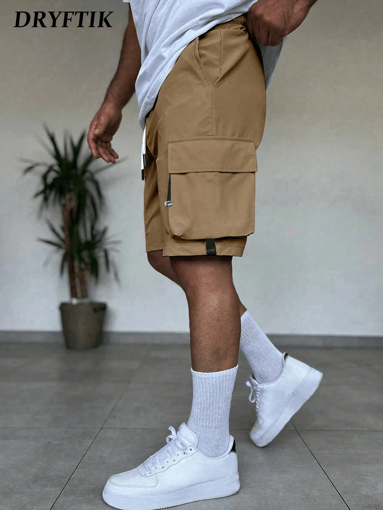 Men's Cool Multiple Pocket Design With Drawstring Detail Straight Leg Slim Fit Cargo Shorts - Mocha Brown - View 1