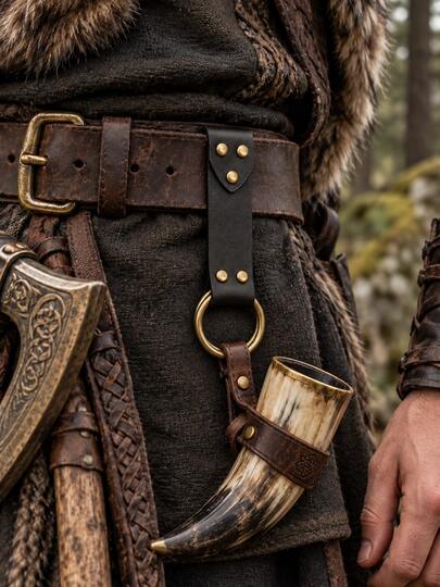 1pc Medieval Vintage PU Leather Belt Loop, Faux Leather Brass Color Metal Round Ring Buckle, Viking Pirate Style Belt Decoration Accessory, Suitable For Cosplay, LARP, Renaissance Festival, Halloween And Theme Party