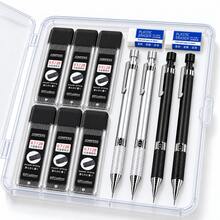 Mechanical Pencil Set With Storage Case, 0.5mm & 0.7mm Black And Silver Drafting Pencils, Comfortable Grip Writing Set For School, Office, Drawing And Sketching - Multiple Styles - View 1