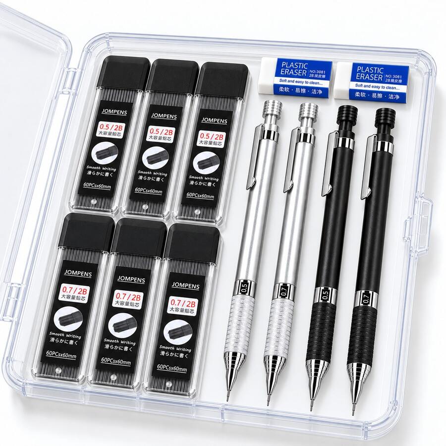 Mechanical Pencil Set With Storage Case, 0.5mm & 0.7mm Black And Silver Drafting Pencils, Comfortable Grip Writing Set For School, Office, Drawing And Sketching - Multiple Styles - View 1