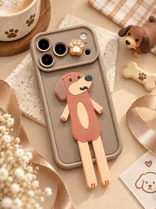 1pc Cute 3D Dog Phone Stand Case, Paw Print Decor Brown Pet Personalized Protective Shell, Compatible With Iphone 18 Pro Max/18 Pro/17/16/15/14/13/12/11/Pro/Pro Max/X/XR/XS/XS Max/7/8/Plus, Compatible With Samsung/Honor - Khaki - View 1