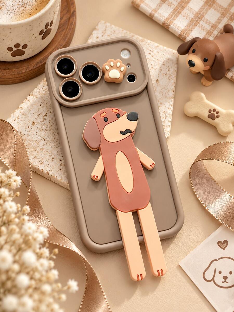 1pc Cute 3D Dog Phone Stand Case, Paw Print Decor Brown Pet Personalized Protective Shell, Compatible With Iphone 18 Pro Max/18 Pro/17/16/15/14/13/12/11/Pro/Pro Max/X/XR/XS/XS Max/7/8/Plus, Compatible With Samsung/Honor - Khaki - View 1