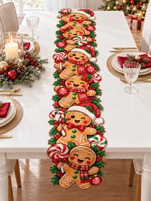 Christmas Gingerbread Man Shaped Table Runner, Cartoon Gingerbread Man Connected Design, Candy Cane, Bow And Holly Print, 90x35cm/180*35cm/275*35cm Optional, Suitable For Dining Table, Coffee Table, Sideboard And Christmas Party Home Decor - A - View 6