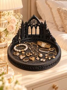 1pc Round Black Jewelry Storage Tray With Decorative Stand, Necklace Bracelet Ring Earring Organizer, Decorative Vanity Tabletop Display Rack, Suitable For Daily Jewelry Collection, Wedding, Bridesmaid Gift, Room Decor, Jewelry Storage, Home Decor - Multicolor - View 5