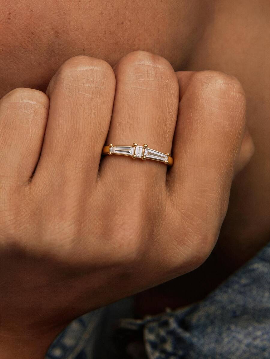 1pc 18K Gold Plated Luxury White Gemstone Ring, Horizontal Rectangular Bar Geometric Ring, Exquisite Holiday Party Gift For Women - Yellow Gold - View 1