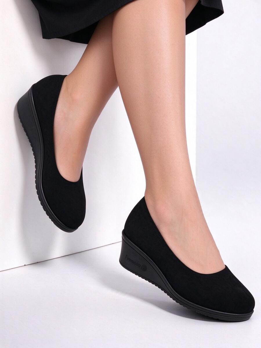 Women's Plus Size High Heels, Extra Wide & Extra Large Version, Comfortable Shallow Toe Soft Sole Wedge Thick Heel Slip-On Shoes