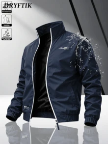 Men's Stand Collar Jacket, Spring/Autumn Letter Print Casual Sports Jacket, Color Block Trim Versatile Jacket Outerwear, Suitable For Daily Wear Or Outdoor Activities - Royal Blue - View 1