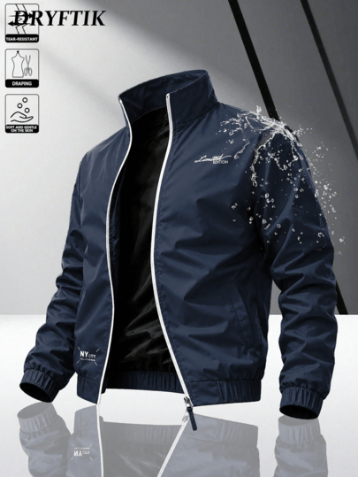 Jaket Pria Kerah Tegak Tahan Angin, Jaket Olahraga Kasual Motif Huruf Musim Semi/Gugur, Atasan Jaket Serbaguna dengan Trim Blok Warna, Cocok untuk Pemakaian Sehari-hari atau Aktivitas Luar Ruangan