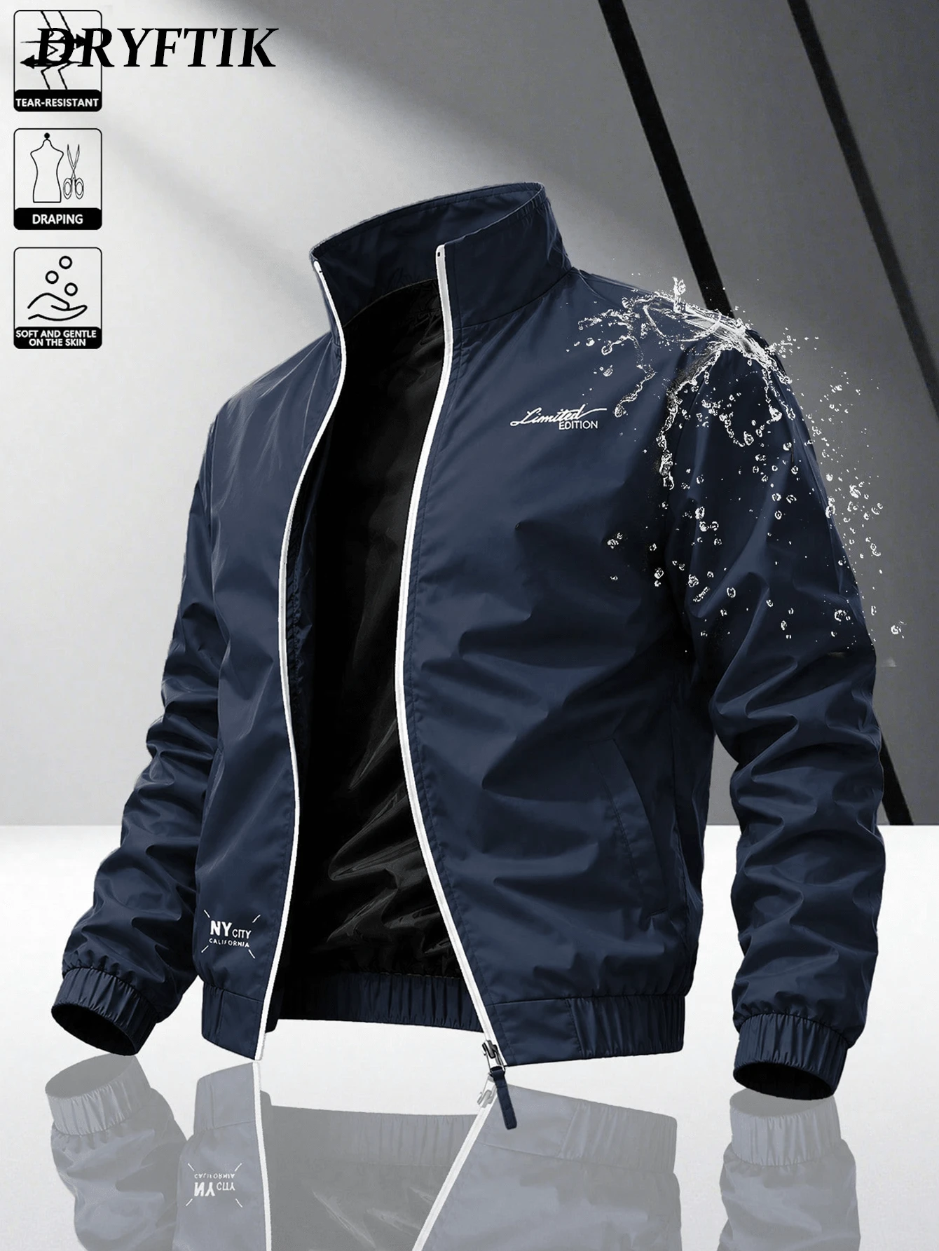 Men's Stand Collar Jacket, Spring/Autumn Letter Print Casual Sports Jacket, Color Block Trim Versatile Jacket Outerwear, Suitable For Daily Wear Or Outdoor Activities - Royal Blue - View 1
