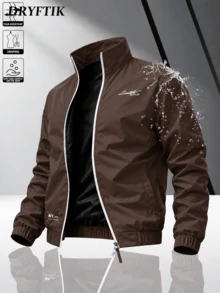 Men's Stand Collar Jacket, Spring/Autumn Letter Print Casual Sports Jacket, Contrast Trim Versatile Jacket Top, Suitable For Daily Wear Or Outdoor Activities - Coffee Brown - View 1