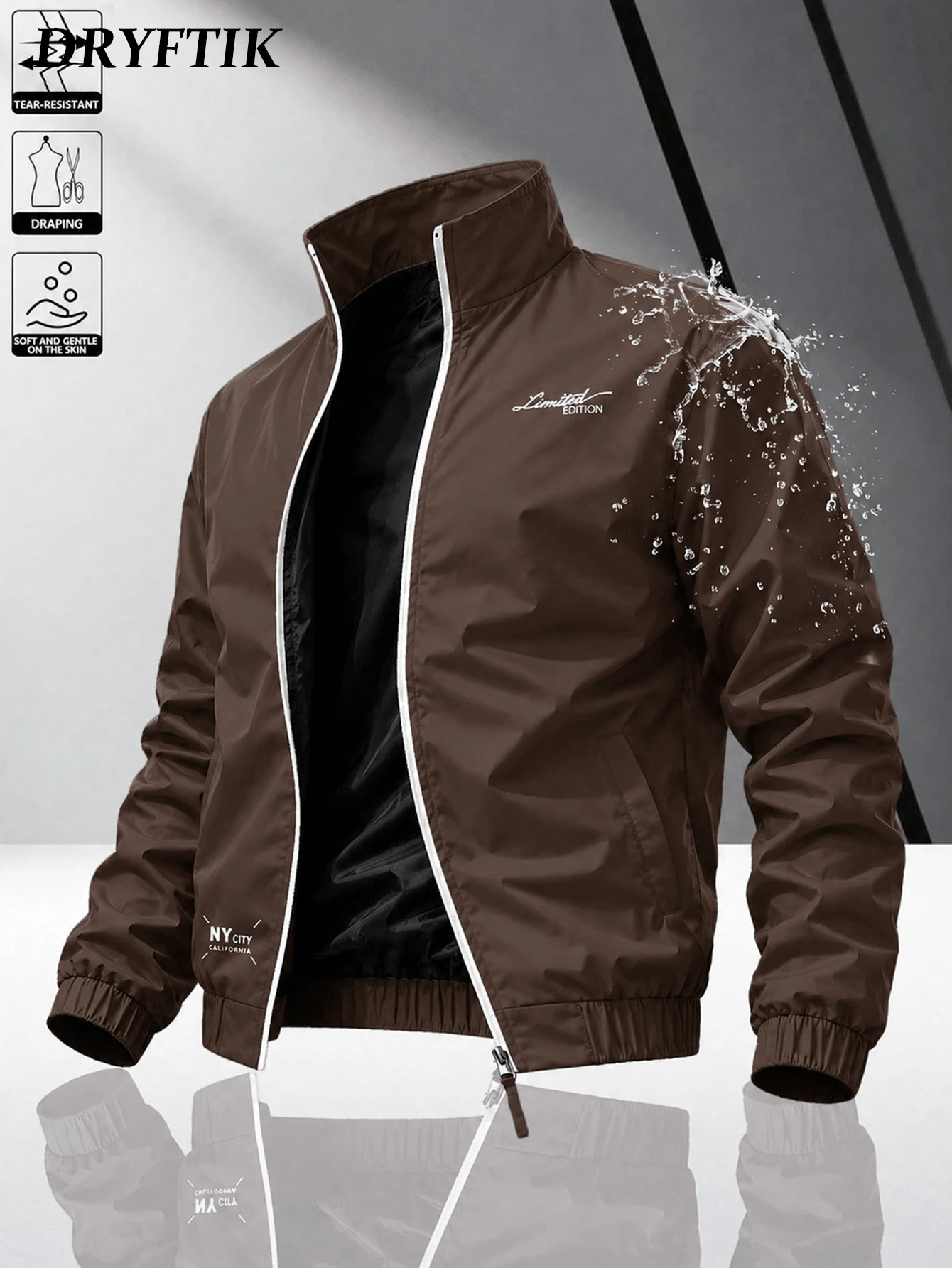 Men's Stand Collar Jacket, Spring/Autumn Letter Print Casual Sports Jacket, Contrast Trim Versatile Jacket Top, Suitable For Daily Wear Or Outdoor Activities - Coffee Brown - View 1