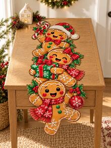 Christmas Gingerbread Man Shaped Table Runner, Cartoon Gingerbread Man Connected Design, Candy Cane, Bow And Holly Print, 90x35cm/180*35cm/275*35cm Optional, Suitable For Dining Table, Coffee Table, Sideboard And Christmas Party Home Decor - A - View 5