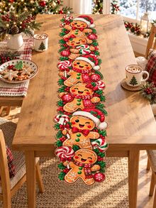 Christmas Gingerbread Man Shaped Table Runner, Cartoon Gingerbread Man Connected Design, Candy Cane, Bow And Holly Print, 90x35cm/180*35cm/275*35cm Optional, Suitable For Dining Table, Coffee Table, Sideboard And Christmas Party Home Decor - A - View 4