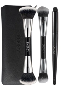ENERGY 3Pcs Professional Makeup Brush Set With Travel Storage Bag, Double Ended Foundation Powder Blush Contour Face Brushes With Detail Concealer Brush, Soft Bristle Portable Cosmetic Makeup Tools - Black - View 8