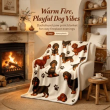 Dachshund Paw Print Digital Print Flannel Blanket, Cream White Background Cute Puppy Pattern Sofa Bedroom Decor Throw - Multicolor - View 4