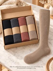4/6 Pairs Women's Solid Color Terry Lining Knee-High Socks, Soft & Warm Tall Socks, Suitable For Autumn/Winter Home Wear, Daily Outfits And Boot Matching - Multicolor - View 5