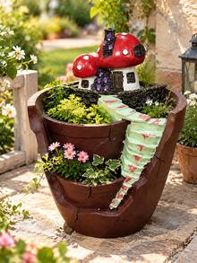 Fairy Garden Planter Pot With Mushroom House Multi-Layer Plant Container For Succulent Herb Flower Outdoor Patio Yard Balcony Home Garden Decor Resin Planting Pot - Mushroom Flower Pot - View 1