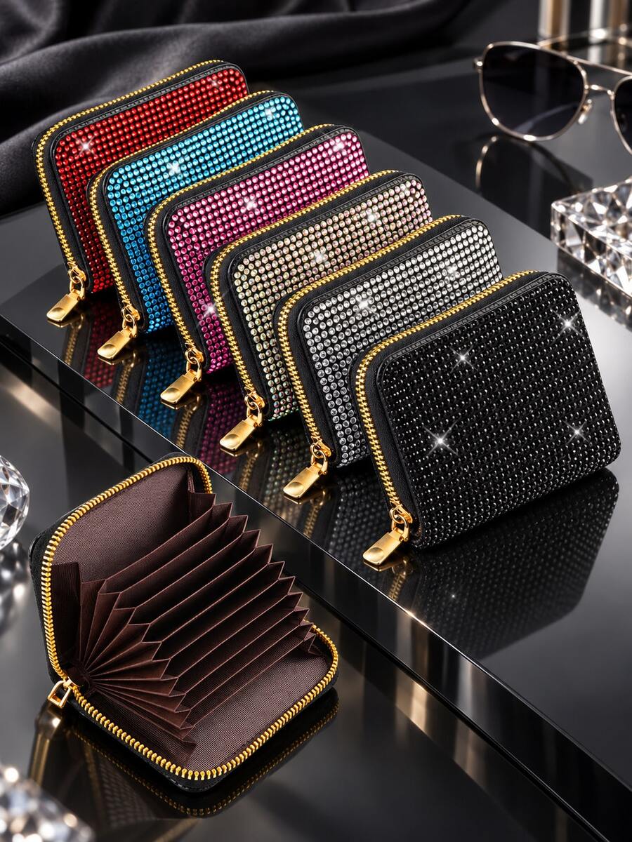 1pc Women Hot Drill Rhinestone Accordion Card Holder, Zipper Multi Slots Credit Card Wallet, Bling Portable Small Coin Purse For Daily Party - Multicolor - View 1