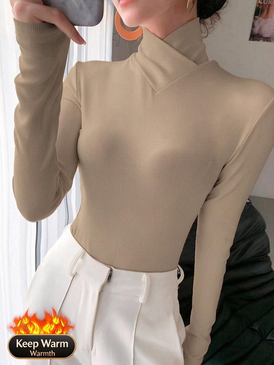 Women's Thick Knit T-Shirt Top, Solid Color, Cross Design, Stand Collar, Base Layer Top, Office Wear, Autumn/Winter New Arrival - Khaki - View 1