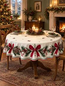 Christmas Rectangular Tablecloth Series, Christmas Tree, Snowflake, Holly Berry, Pine Branch & Pine Cone, Red Bow & Plaid Border Patterns, Beige, Red, Green, Blue Multiple Holiday Designs, Polyester Dining Tablecloth, Suitable For Christmas Dinner, Family Gathering, Holiday Party, Kitchen Dining Room And Winter Home Tabletop Decoration - Multicolor - View 1