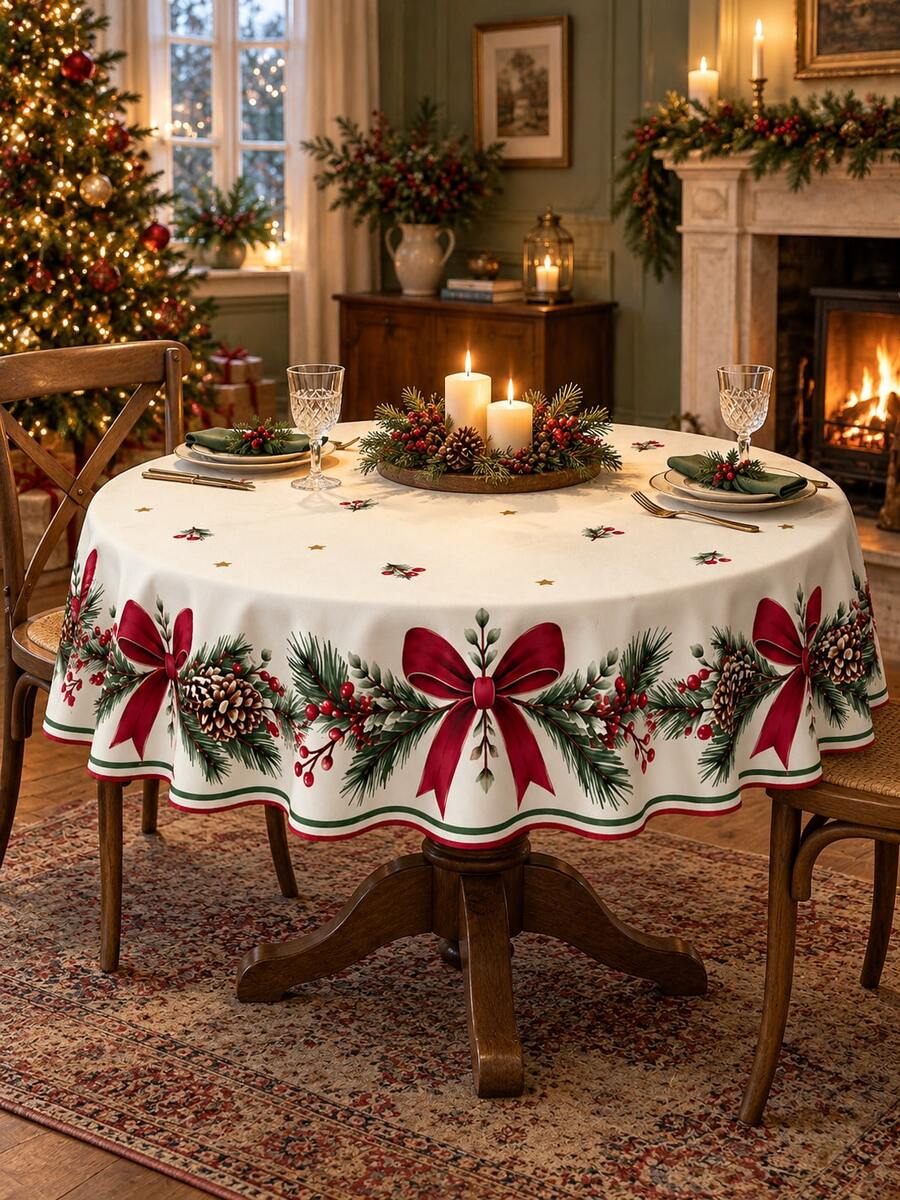 Christmas Rectangular Tablecloth Series, Christmas Tree, Snowflake, Holly Berry, Pine Branch & Pine Cone, Red Bow & Plaid Border Patterns, Beige, Red, Green, Blue Multiple Holiday Designs, Polyester Dining Tablecloth, Suitable For Christmas Dinner, Family Gathering, Holiday Party, Kitchen Dining Room And Winter Home Tabletop Decoration - Multicolor - View 1