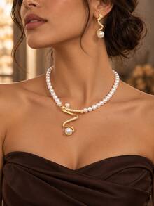 Elegant Faux Pearl Beaded Jewelry Set With Irregular Gold Tone Wavy Design,Sparkling Rhinestone Accents,Vintage Luxury Style For Fall Winter Outfits - Gold - View 2