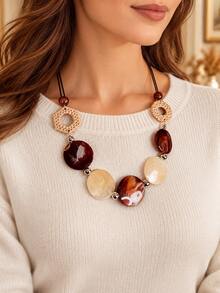 1pc Vintage Boho Statement Necklace, Geometric Acrylic Beaded Pendant, Chunky Color Block Jewelry, Elegant Autumn Winter Fashion Accessory For Women - Brown - View 7