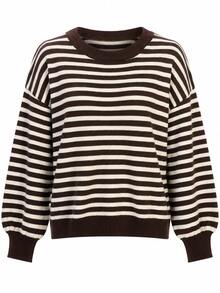 Women Striped Knit Sweater Round Neck Long Sleeve Drop Shoulder Oversized Pullover Top Fall Winter Vintage Casual Apparel - Coffee Brown - View 5