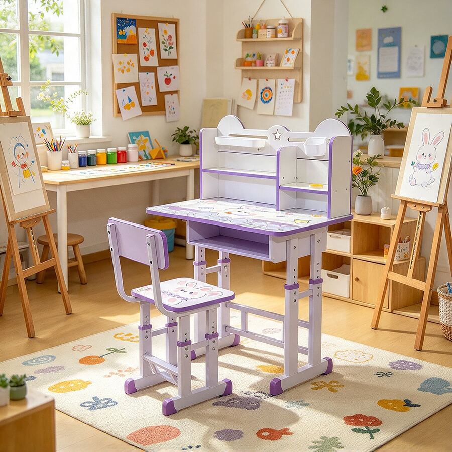 Kids' Desk And Chair Set With Adjustable Shelves - Purple - View 1