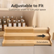 1pc Expandable 3-Tier Bamboo Stepped Storage Rack, Adjustable Length, Tiered Design; Perfect For Kitchen Countertop Spice Bottle Storage, Also Suitable As Desktop Display Stand For Figurines, Perfumes And Other Items - Multicolor - View 5