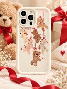 Cute Teddy Bear Phone Case, Watercolor Bear With Red Ribbon Bow Print, Vintage Sweet Cartoon Animal Pattern, Healing Style Personalized Protective Shell For Girls, Compatible With IPhone 18 Pro Max, 18 Pro, 17 Pro Max, 17 Pro, 17, 16, 15, 14, 13, 12, 11, Honor - Beige - View 3