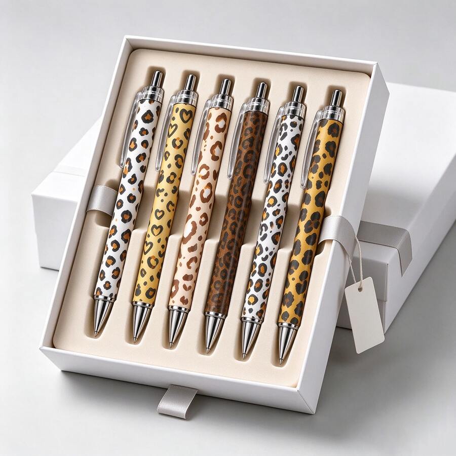 Leopard Print Heart Ballpoint Pen Set | 6pcs Set Highly Attractive Gift Pens - 6-piece Set - View 1
