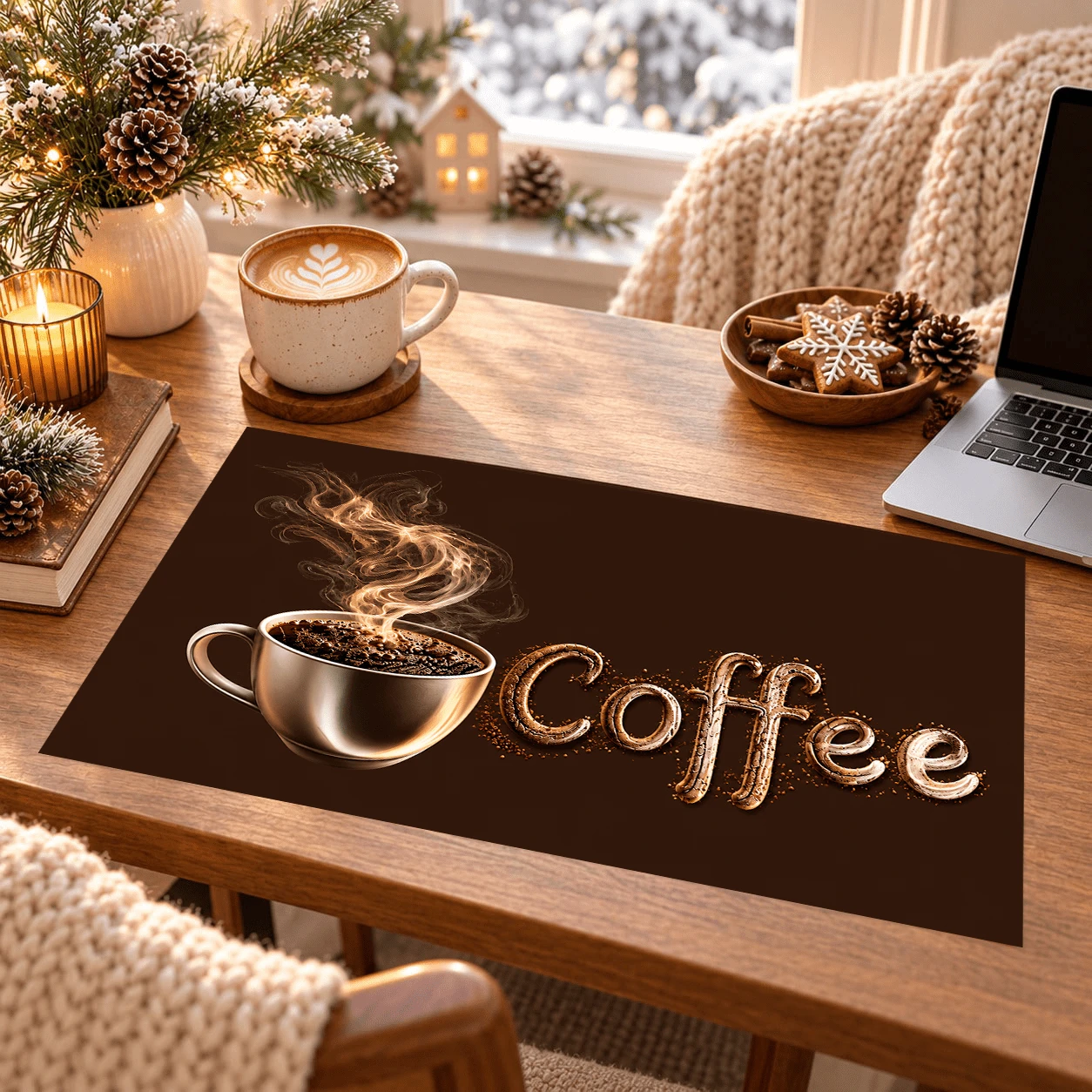 1pc Brown Coffee Cup English Pattern Placemat, Vintage Cafe Style Durable Rectangular Table Mat, Coffee Cup, Steam And "Coffee" English Print Design, Suitable For Kitchen, Dining Table, Coffee Bar Accessories, Office And Daily Home Use. - Multicolor - View 1
