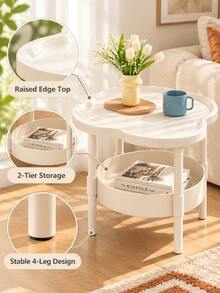 1Pc Modern 2-Tier Side Table With Storage Shelf, Clover-Shaped Small End Table, Space-Saving Bedside Nightstand For Living Room, Bedroom & Study, White/Black - White - View 5