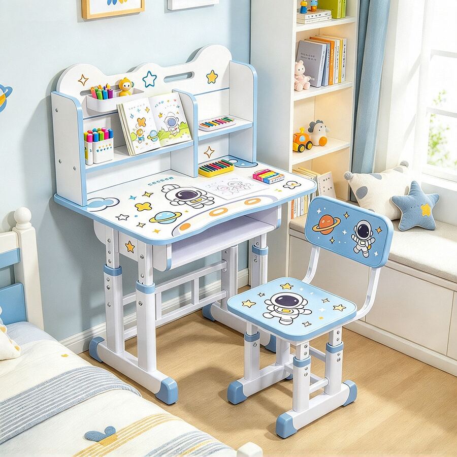 Adjustable Kids' Desk And Chair Set With Shelves - Blue - View 1