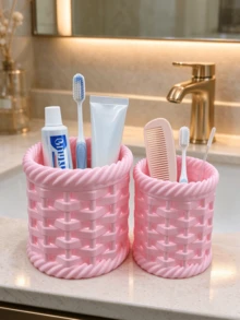 2pcs/1pc Imitation Rattan Bathroom Storage Cup, Toothbrush Toothpaste Holder, Multi-Purpose Organizer For Comb & Makeup Brushes, Ins Style Countertop Bathroom Storage Container - Multicolor - View 10