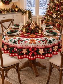 1pc Christmas Round Tablecloth, Gingerbread Man Candy Cane Cookie Bow Plaid Print, Red & Green Holiday Tablecloth, Kitchen Decor, Christmas Dinner Party Home Decor, Christmas Home Decoration - Multicolor - View 17