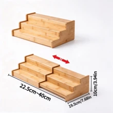 1pc Expandable 3-Tier Bamboo Stepped Storage Rack, Adjustable Length, Tiered Design; Perfect For Kitchen Countertop Spice Bottle Storage, Also Suitable As Desktop Display Stand For Figurines, Perfumes And Other Items - Multicolor - View 8