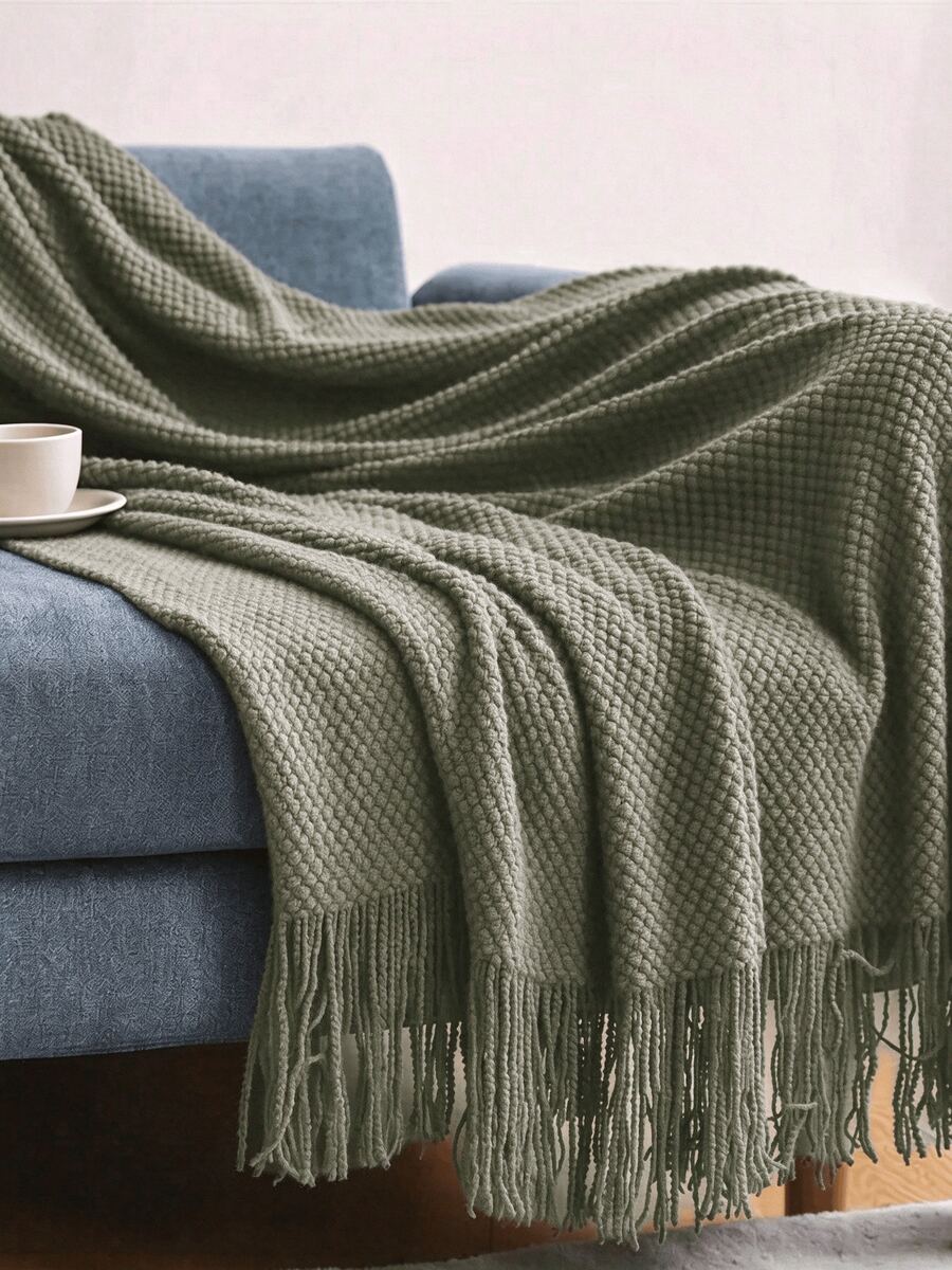 Bubble Knit Throw Blanket, Ins Style Soft Cozy Blanket For Sofa, Office Nap, Air-Conditioning, Bedding Decor, Hotel Amenity - Dark Green - View 1