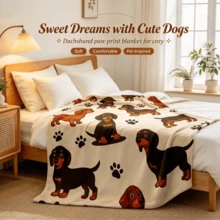 Dachshund Paw Print Digital Print Flannel Blanket, Cream White Background Cute Puppy Pattern Sofa Bedroom Decor Throw - Multicolor - View 9