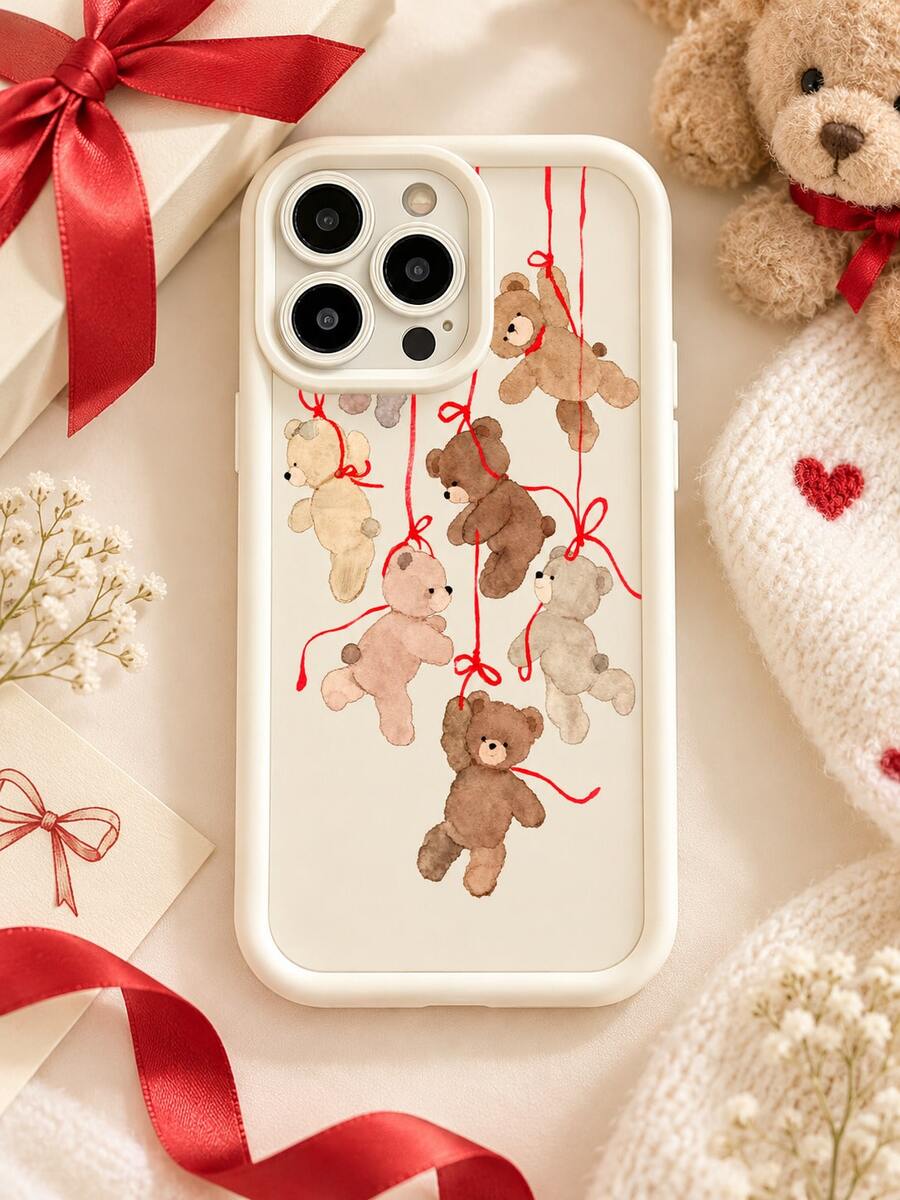 Cute Teddy Bear Phone Case, Watercolor Bear With Red Ribbon Bow Print, Vintage Sweet Cartoon Animal Pattern, Healing Style Personalized Protective Shell For Girls, Compatible With IPhone 18 Pro Max, 18 Pro, 17 Pro Max, 17 Pro, 17, 16, 15, 14, 13, 12, 11, Honor - Beige - View 1