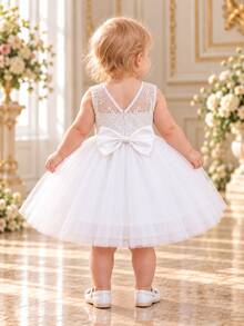 Baby Girl Bow Decor Patchwork Embroidered Mesh Sleeveless Formal Dress, Suitable For Wedding Flower Girl, First Communion, Birthday Party, Baptism, Christmas Outfit And Other Formal Occasions - White - View 4
