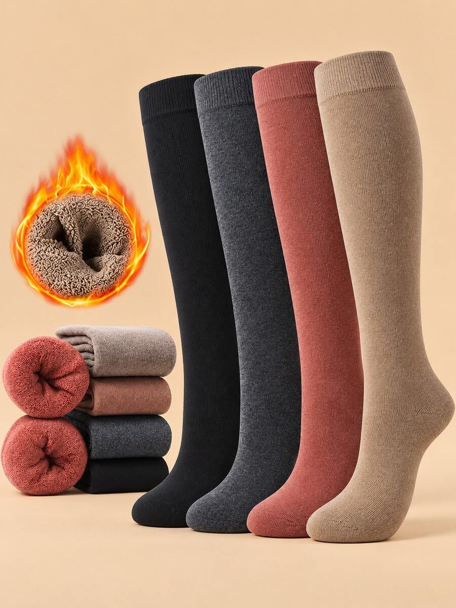4/6 Pairs Women's Solid Color Terry Lining Knee-High Socks, Soft & Warm Tall Socks, Suitable For Autumn/Winter Home Wear, Daily Outfits And Boot Matching - Multicolor - View 1