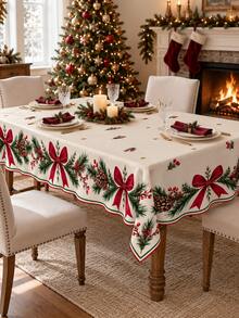 Christmas Rectangular Tablecloth Series, Christmas Tree, Snowflake, Holly Berry, Pine Branch & Pine Cone, Red Bow & Plaid Border Patterns, Beige, Red, Green, Blue Multiple Holiday Designs, Polyester Dining Tablecloth, Suitable For Christmas Dinner, Family Gathering, Holiday Party, Kitchen Dining Room And Winter Home Tabletop Decoration - Multicolor - View 17