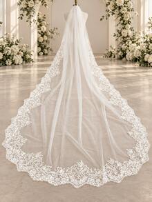 1pc Romantic Floral Embroidered Lace Cathedral Veil, Mantilla Style Bridal Long Train Veil With Hair Comb Wedding Accessory - Straight White - View 11