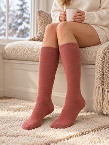 4/6 Pairs Women's Solid Color Terry Lining Knee-High Socks, Soft & Warm Tall Socks, Suitable For Autumn/Winter Home Wear, Daily Outfits And Boot Matching - Multicolor - View 4