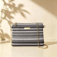 1pc Colorful Striped Pattern + Fabric Material + Portable Storage + Zipper Closure + Minimalist Style + Chain Square Bag + Daily Use For Women - Multicolor - View 10